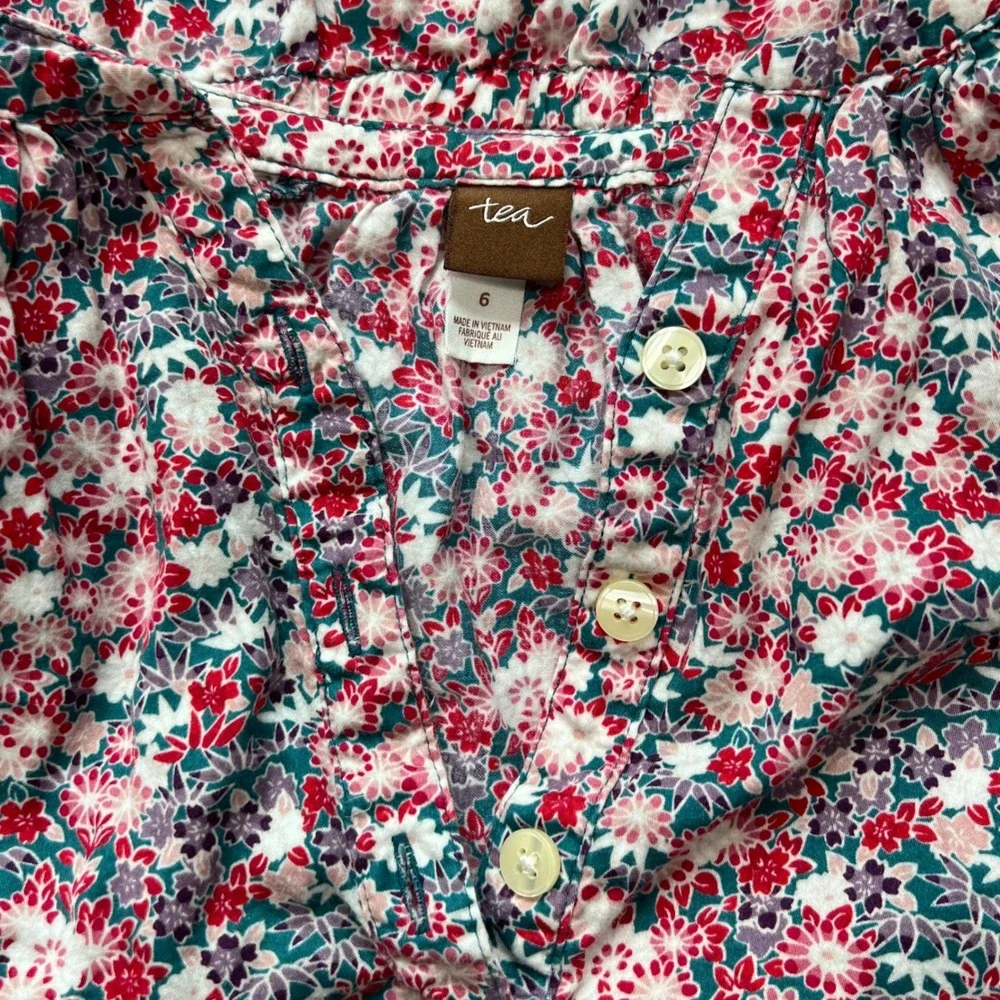 Tea Collection Floral Print Top Blouse Button 3/4 Sleeve Summer Girls Size 6‎
